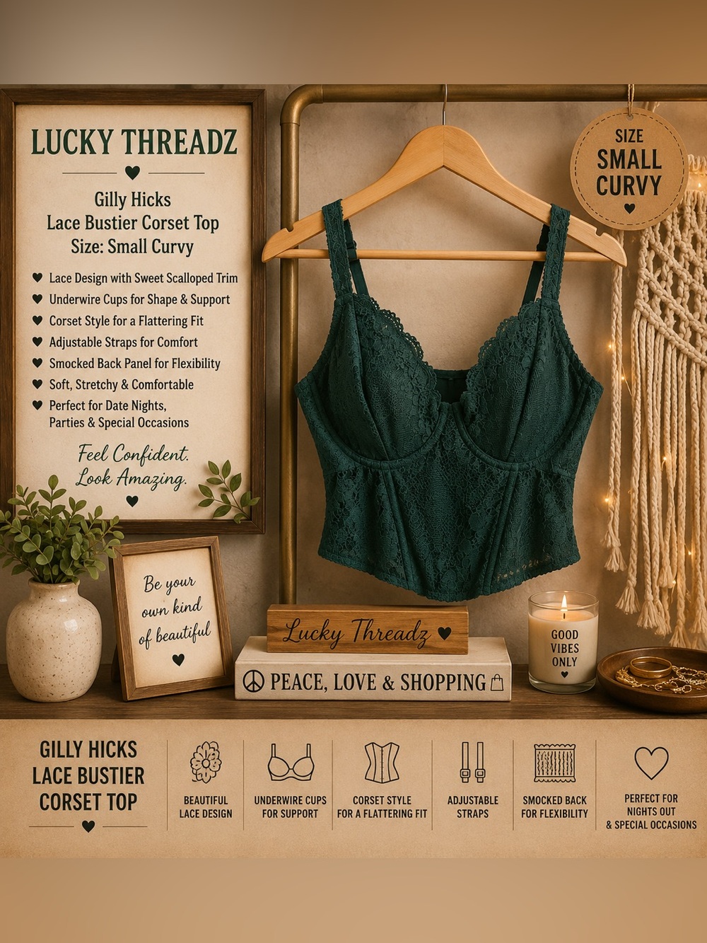 Gilly Hicks Lace Bustier Corset Top — Deep Teal Green